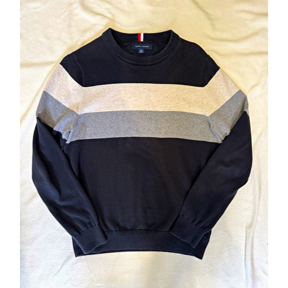 Tommy Hilfiger Men's Knit Striped Crewneck Pullover Sweater Black Gray Ivory XS